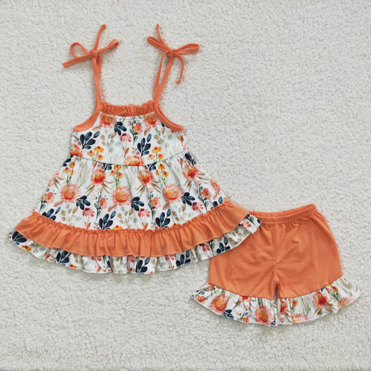 GSSO0194 Girls Floral Outfits Orange Shorts