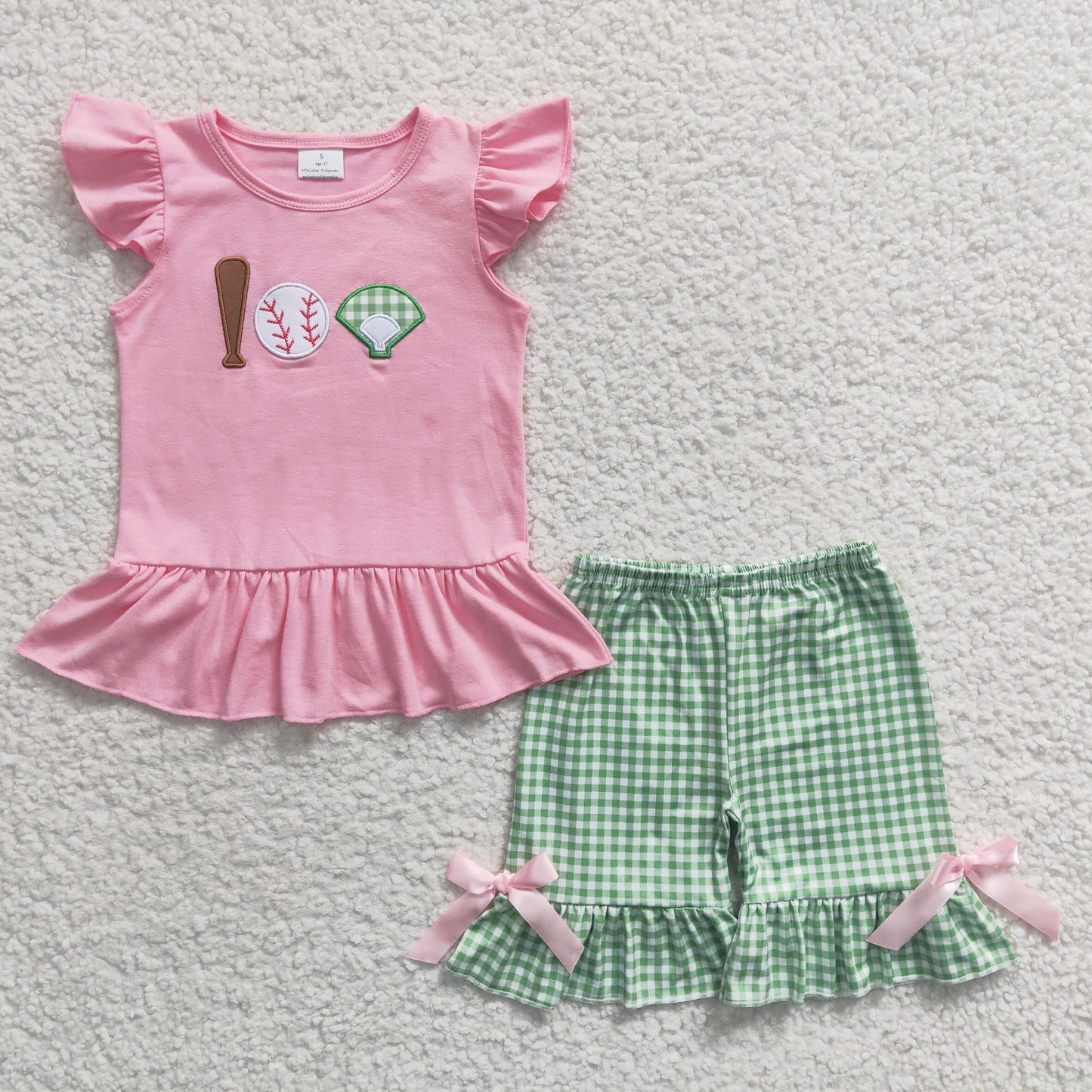 Girls Embroidery Baseball Outfits Green Shorts