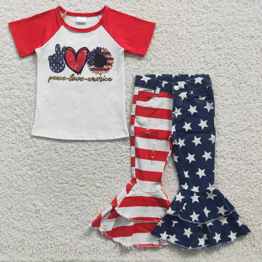 Girls July Fourth Peace Love America Outfits Short Sleeves Stars Jeans