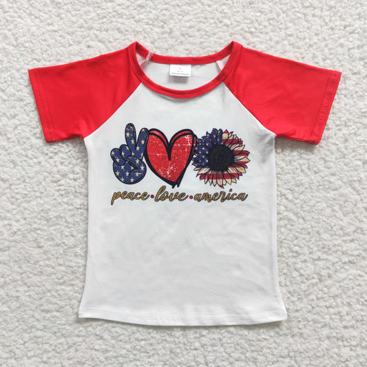 Girls Peace Love America Top Shirt Short Sleeves