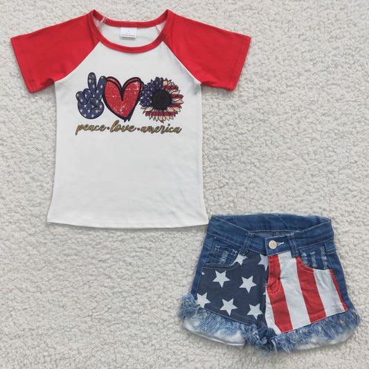 Girls July Fourth Outfits Short Sleeves Denim Shorts