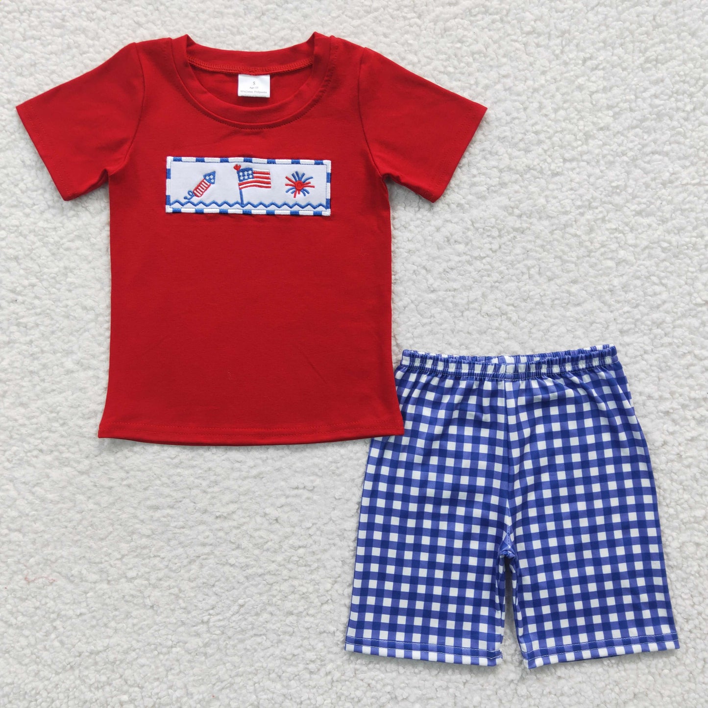 Boys July Fourth Outfits Plaid Shorts Embroidery