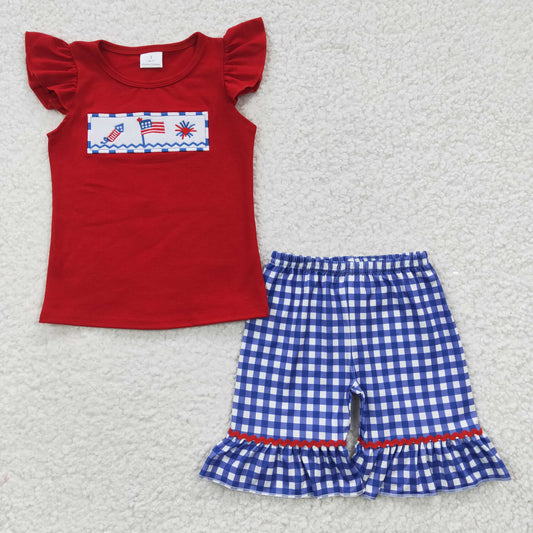 Girls July Fourth Outfits Plaid Shorts Embroidery