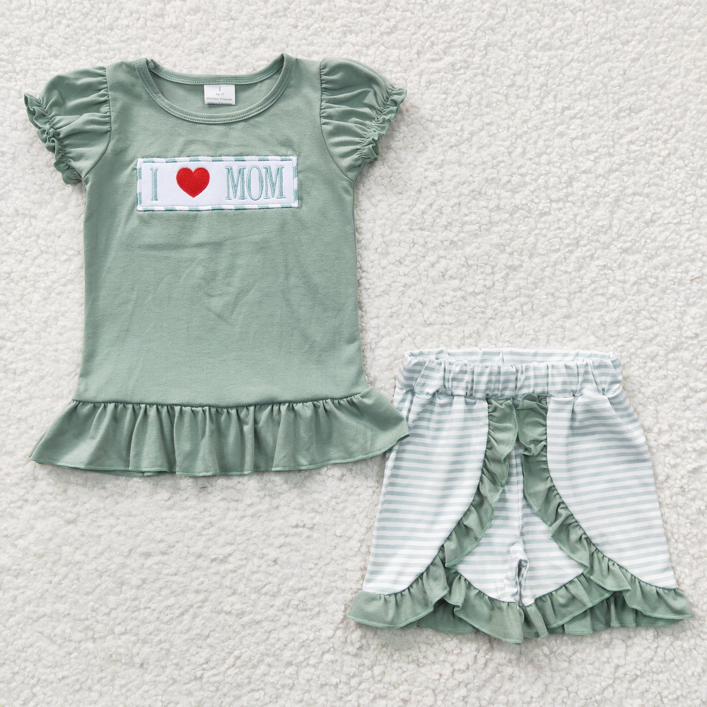 Girls Love Mom Embroidery Outfits Short Sleeves Stripe Shorts