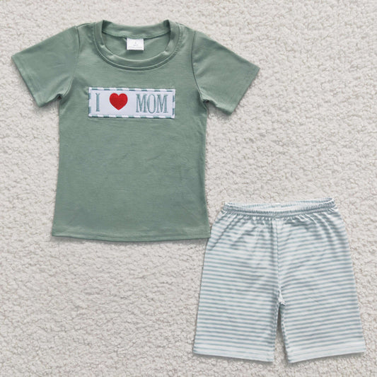 Boys Love Mom Embroidery Outfits Short Sleeves Stripe Shorts