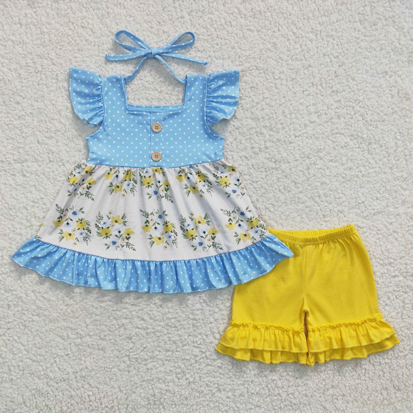 GSSO0220 Girls Floral Outfits Short Sleeves Yellow Shorts