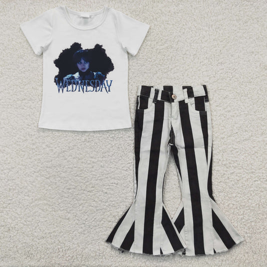 Girls Wednesday Outfits Short Sleeves Black Stripe Jeans