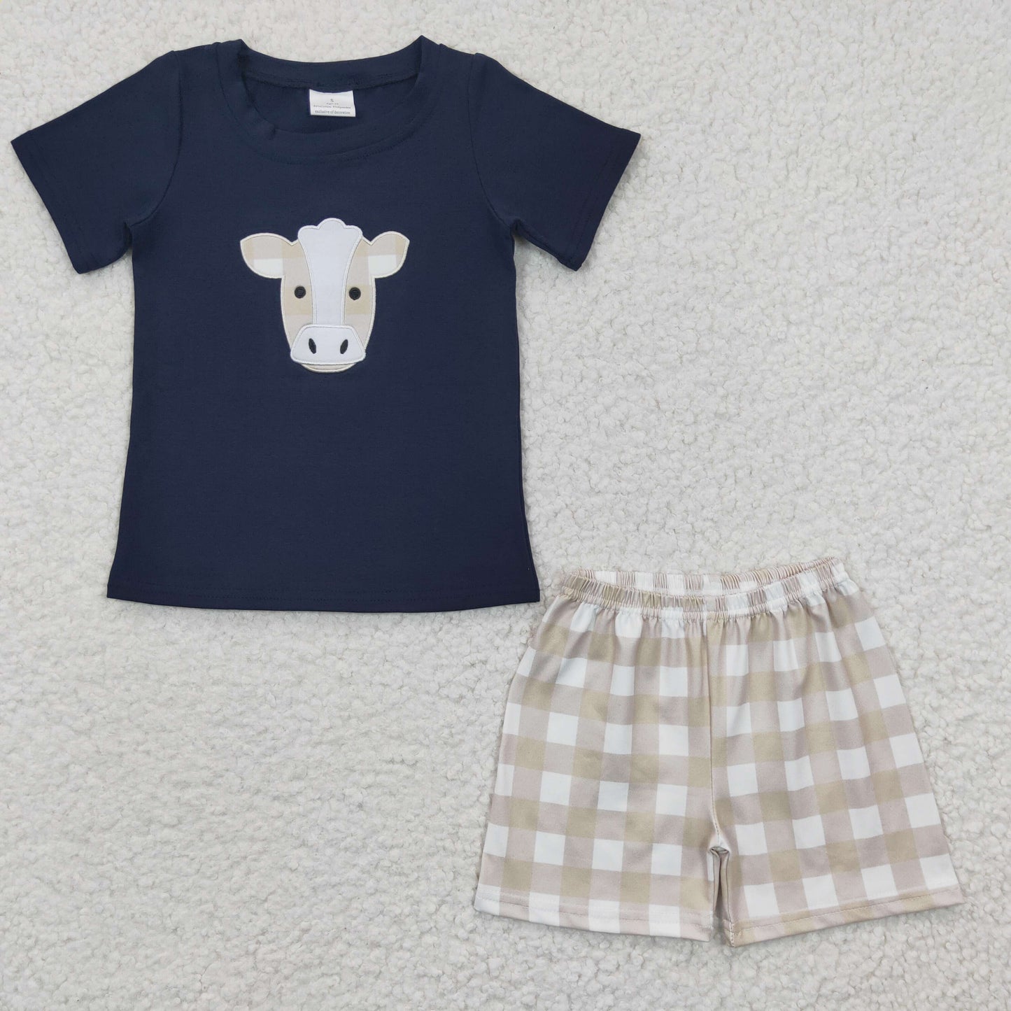 Boys Cow Outfits Short Sleeves Plaid Shorts Embroidery