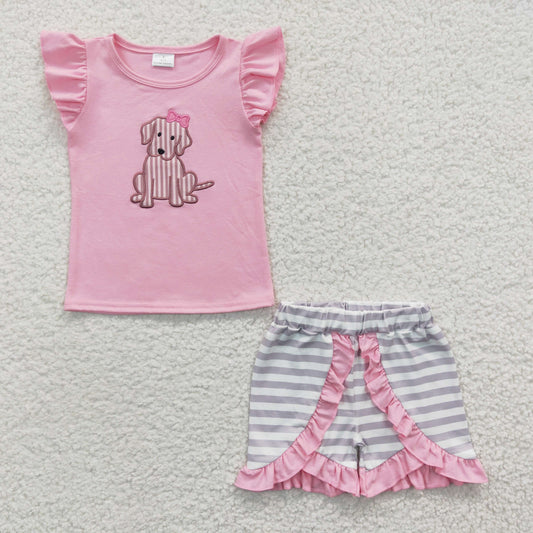 Girls Embroidery Pink Dog Outfits Stripe Shorts