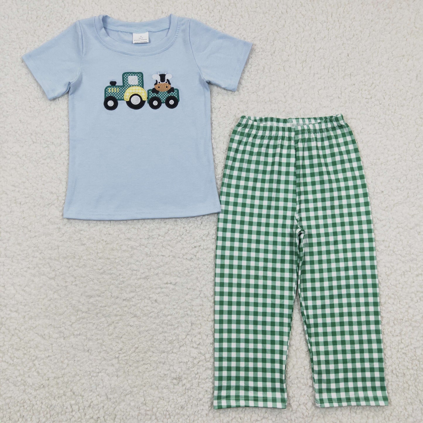 Boys Embroidery Truck Outfits Short Sleeves Plaid Pants