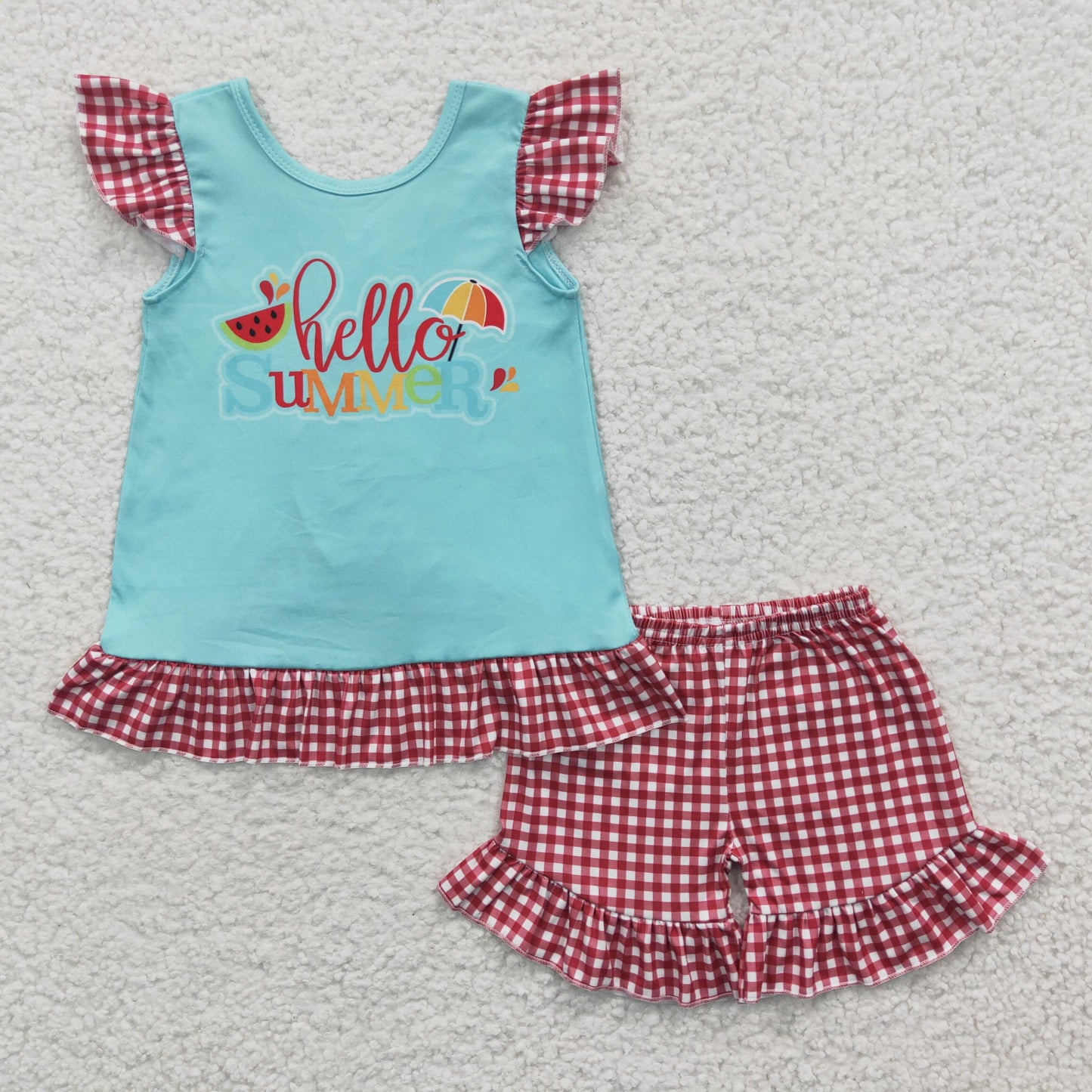 GSSO0134 Girls Hello Summer Outfits Short Sleeves Plaid Shorts