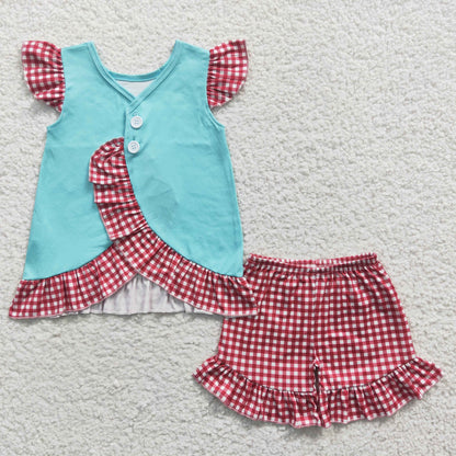 GSSO0134 Girls Hello Summer Outfits Short Sleeves Plaid Shorts