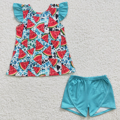 GSSO0137 Girls Watermelon Outfits Short Sleeves Green Shorts