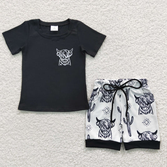 Boys Cow Outfits Short Sleeves Black Shorts