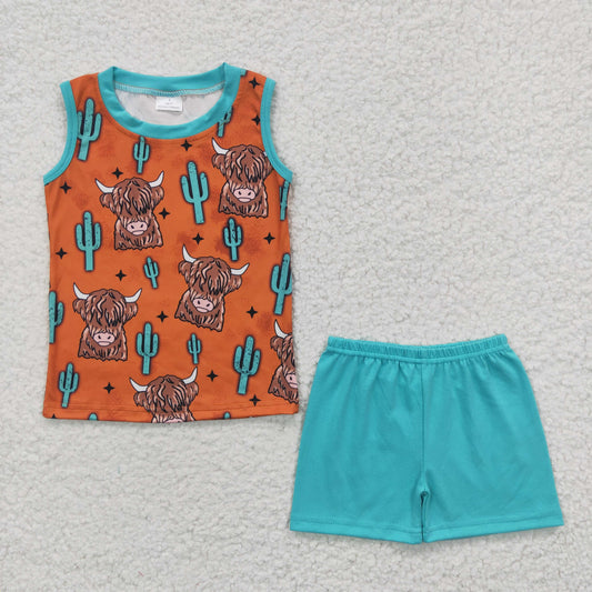 Boys Cow Cactus Outfits Mint Shorts