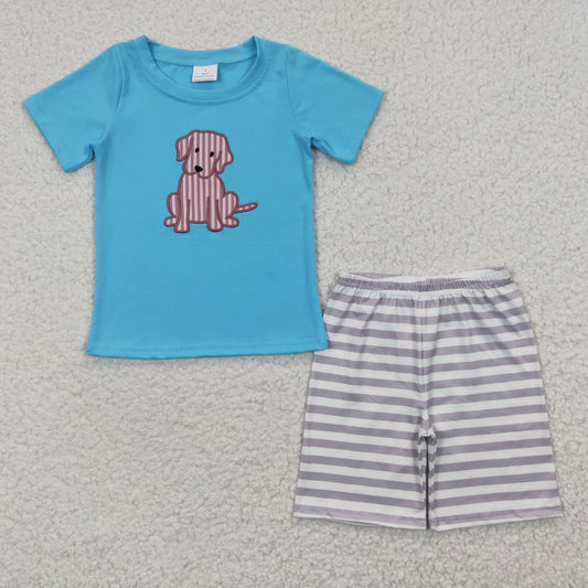 Boys Blue Dog Outfits Stripe Shorts Embroidery