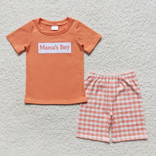 Boys Mama's Boy Embroidery Outfits Short Sleeves Plaid Shorts