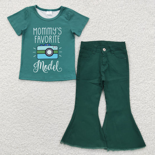 Girls Model Outfits Short Sleeves Green Jeans