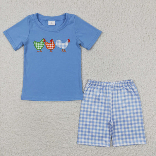 Boys Embroidery Chicken Blue Outfits