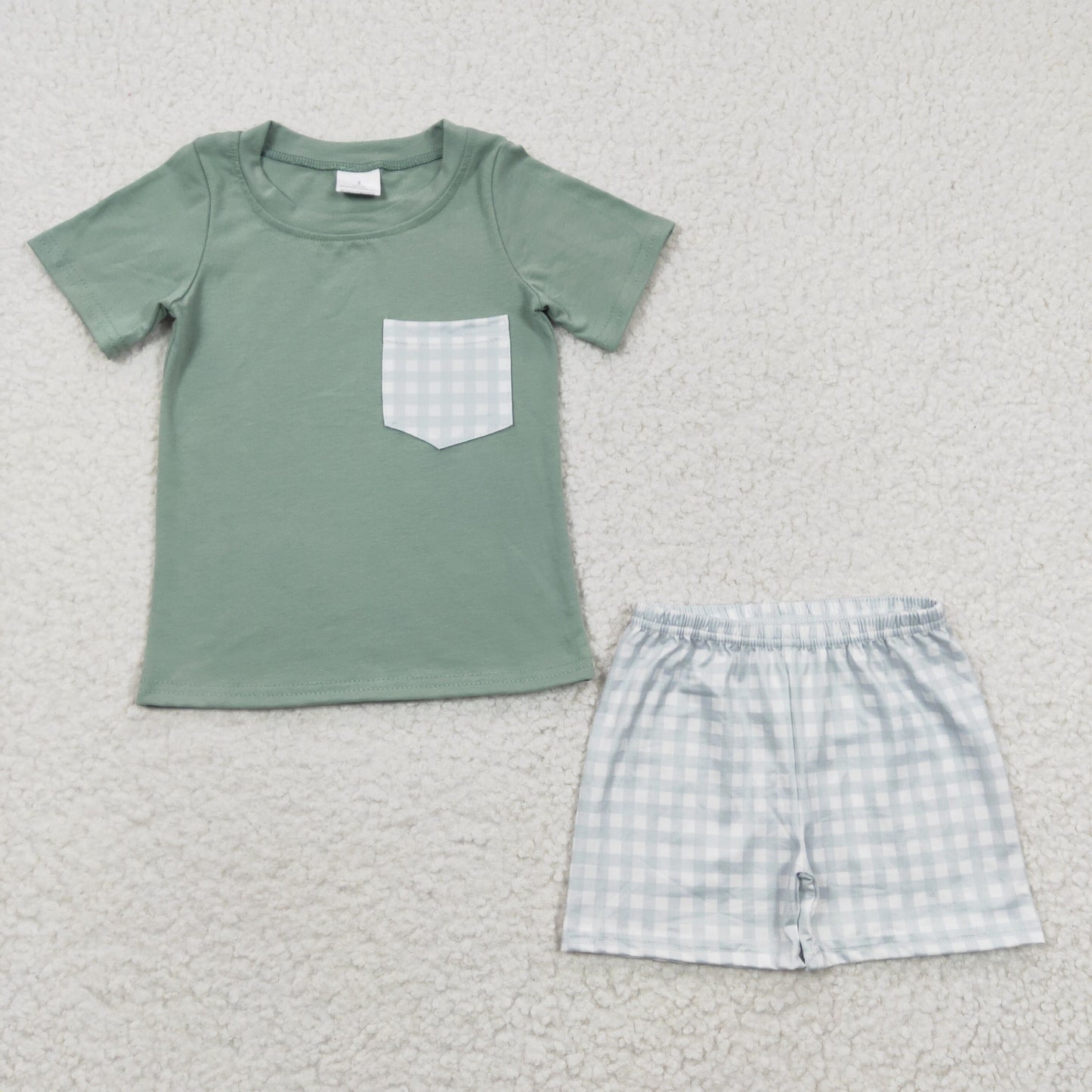 Boys Green Outfits Short Sleeves Plaid Shorts