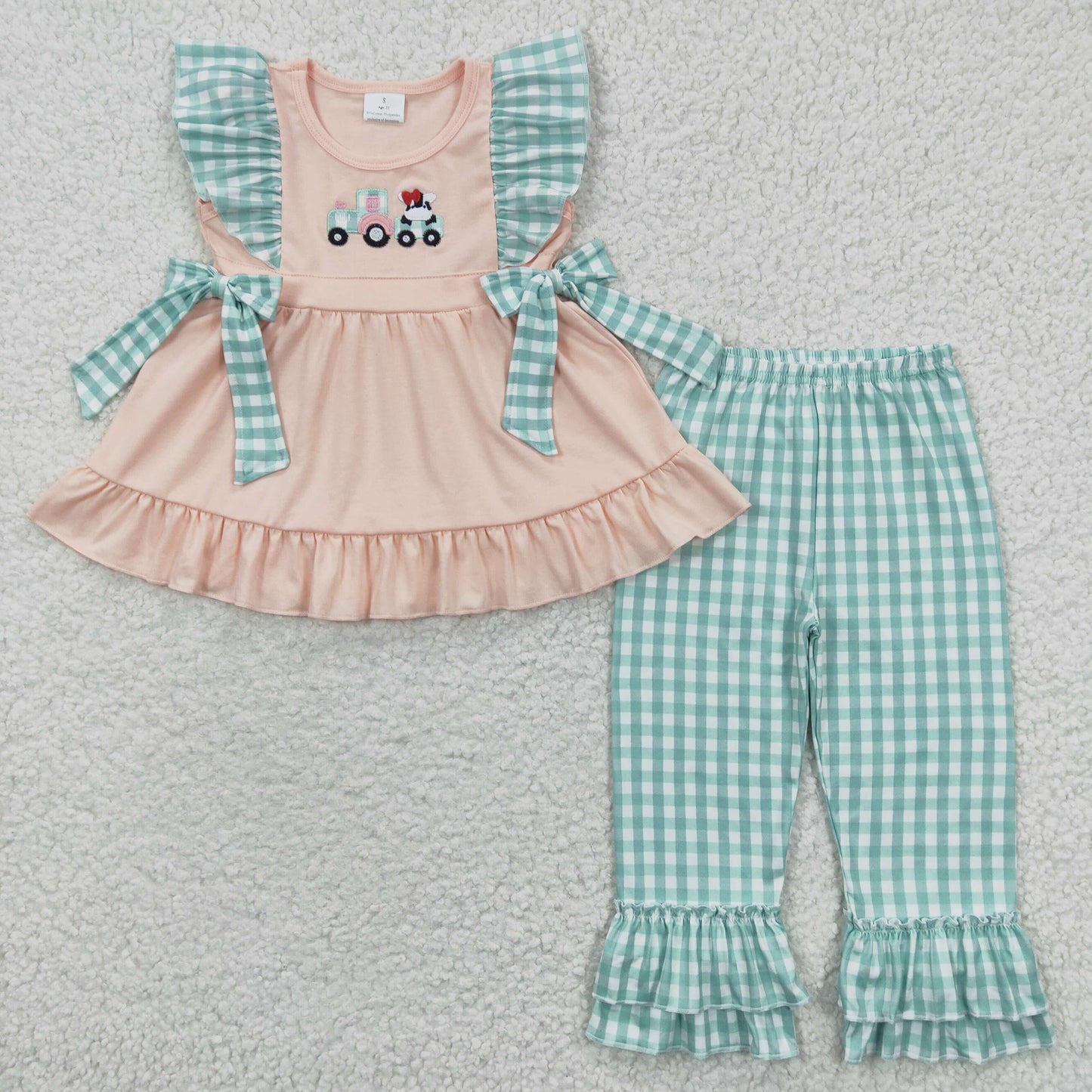 Girls Embroidery Truck Outfits Plaid Pants