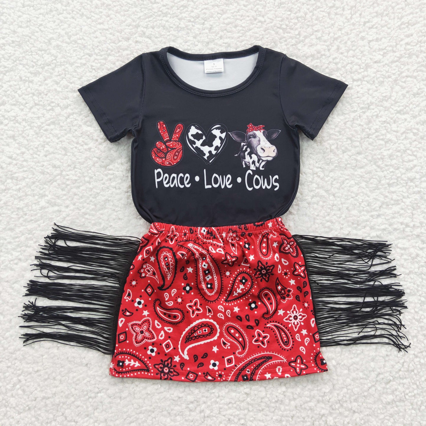 GSD0302 Girls Peace Love Cows Outfits Fringe Skirt