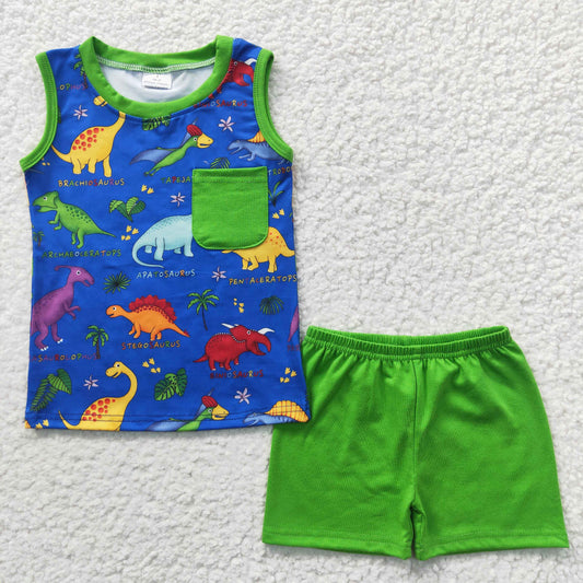 Boys Dinosaur Outfits Short Sleeves Green Shorts