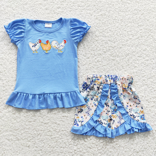 Girls Embrodery Chicken Blue Outfits