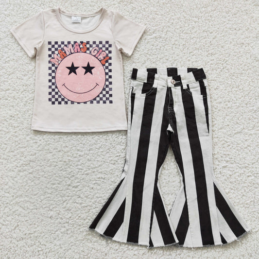 Mama's Girl Outfits Short Sleeves Black Stripe Jeans