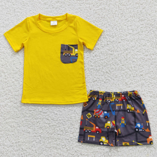 Boys Truck Outfits Short Sleeves Yellow Shorts