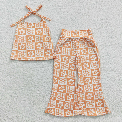 Girls Floral Orange Outfits Bell Bottom Pants