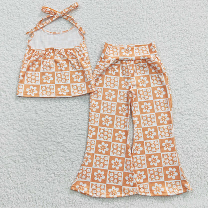 Girls Floral Orange Outfits Bell Bottom Pants