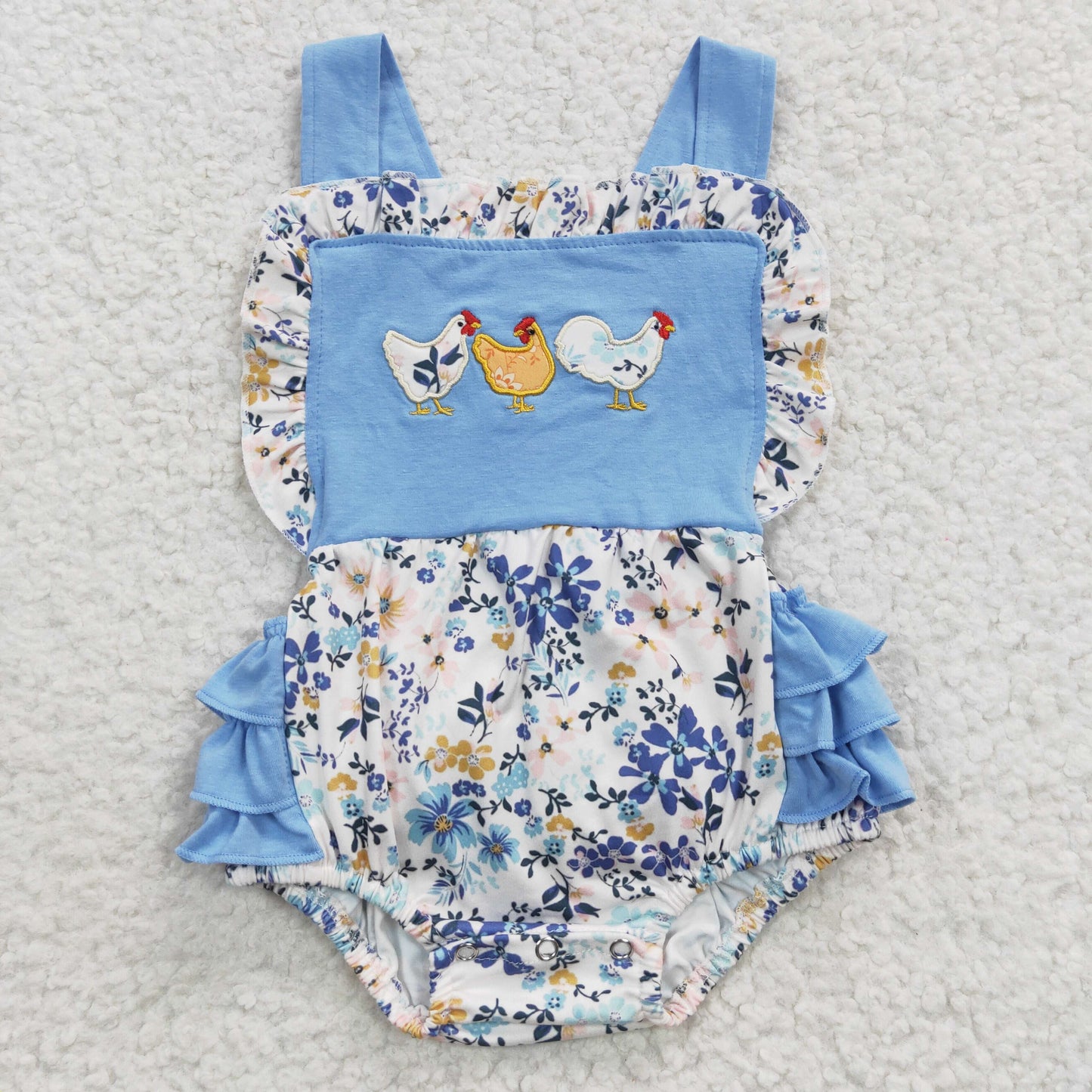 Girls Blue Chicken Embroidery Rompers