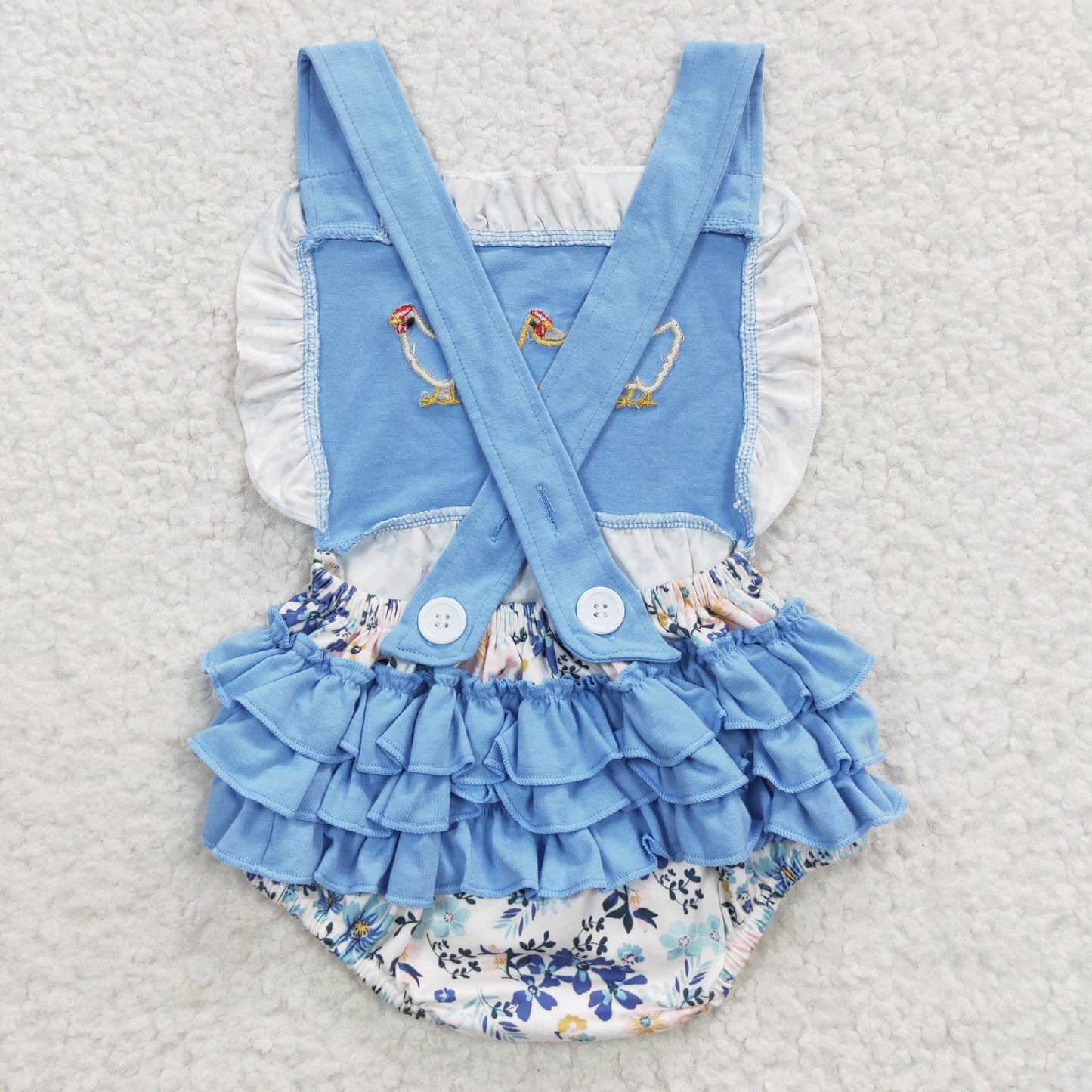 Girls Blue Chicken Embroidery Rompers