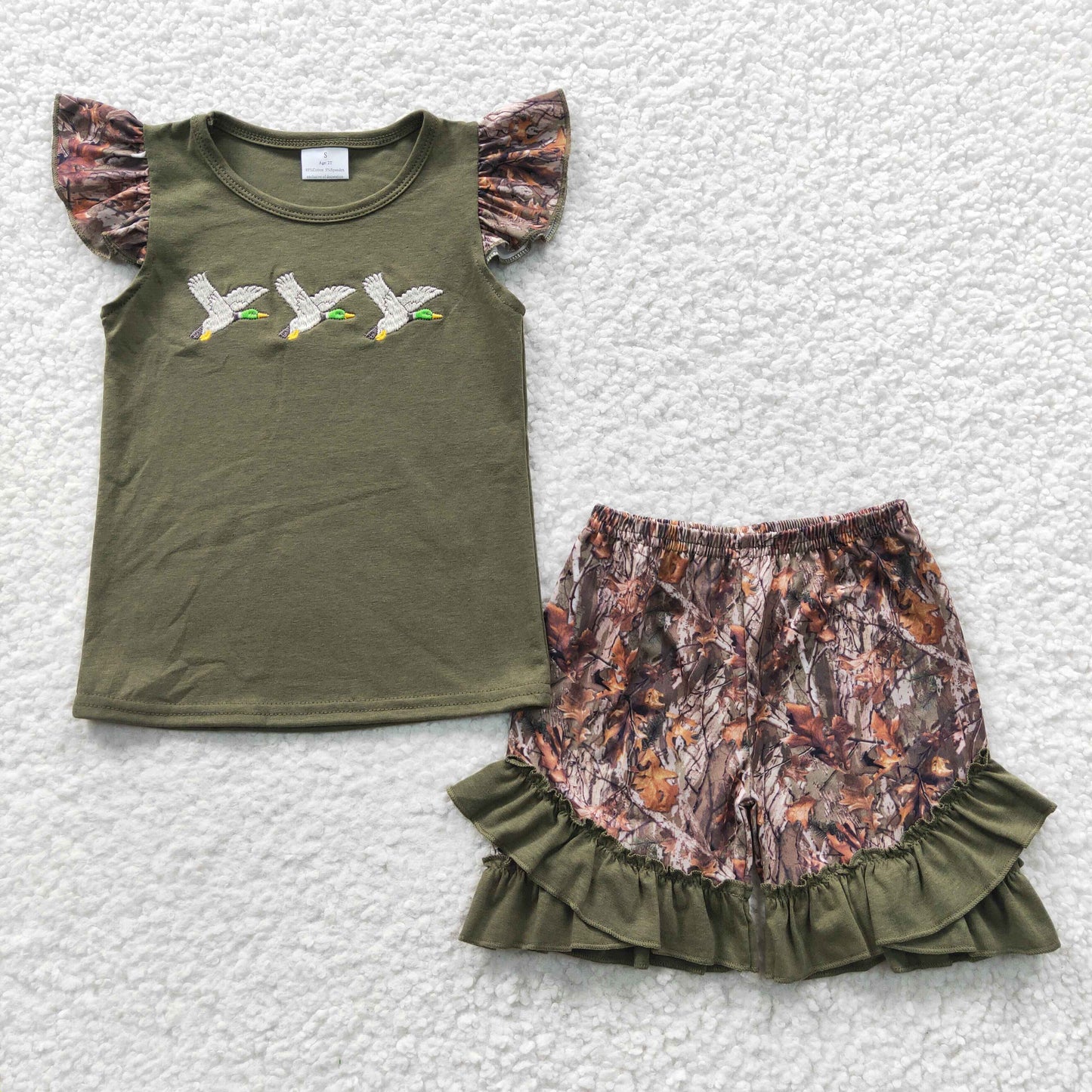 Girls Embroidery Bird Green Outfits Shorts