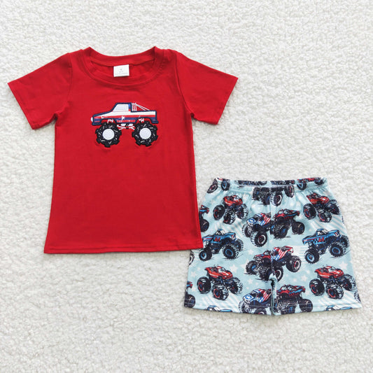 BSSO0185 Boys Embroidery Truck Outfits Red Shorts