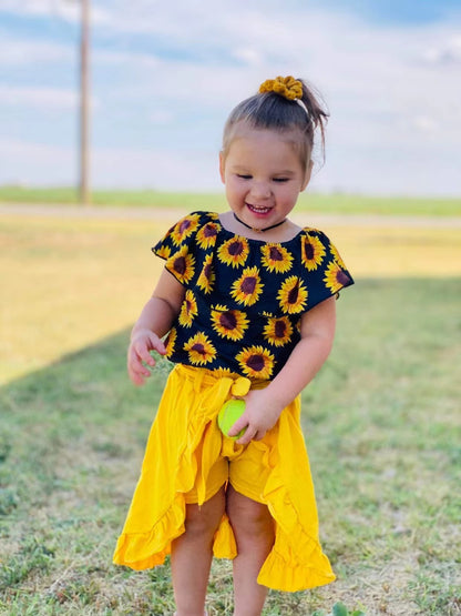 Girls Sunflowers Outfits Short Sleeves Yellow Skirt