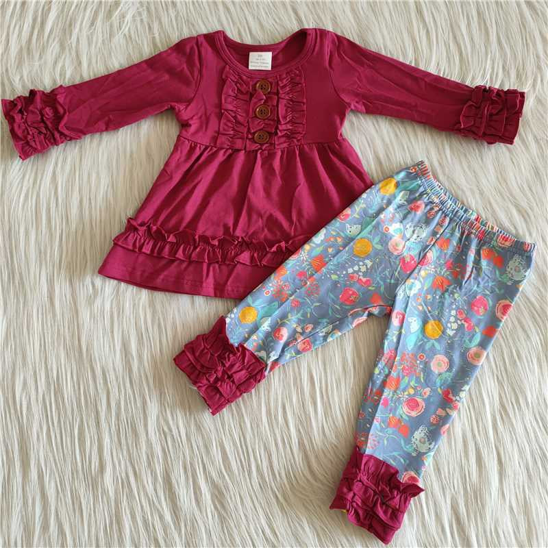 Girls Floral Outfits Long Sleeves Ruffled Pants Dark Red