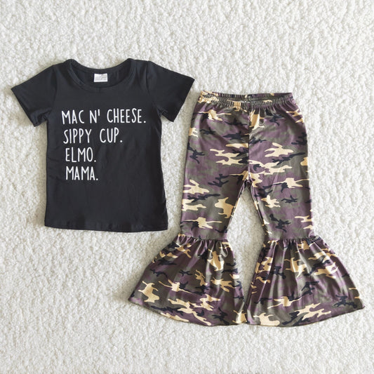 Girls Black Outfits Short Sleeves Camouflage Pants