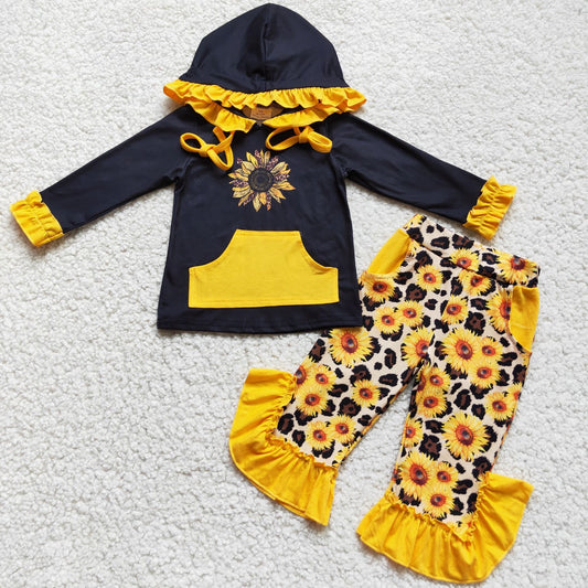 Girls Sunflowers Outfits Long Sleeves Hoodies Ruffled Pants