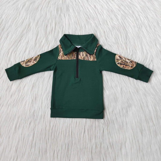 Boys Army Green Pullover Long Sleeves Zip