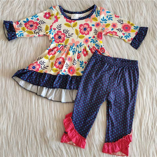 Girls Flowers Outfits Polka Dot Pants Blue