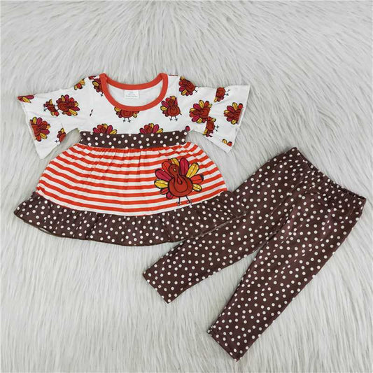 Girls Thanksgiving Turkey Outfits Short Sleeves Polka Dot Pants