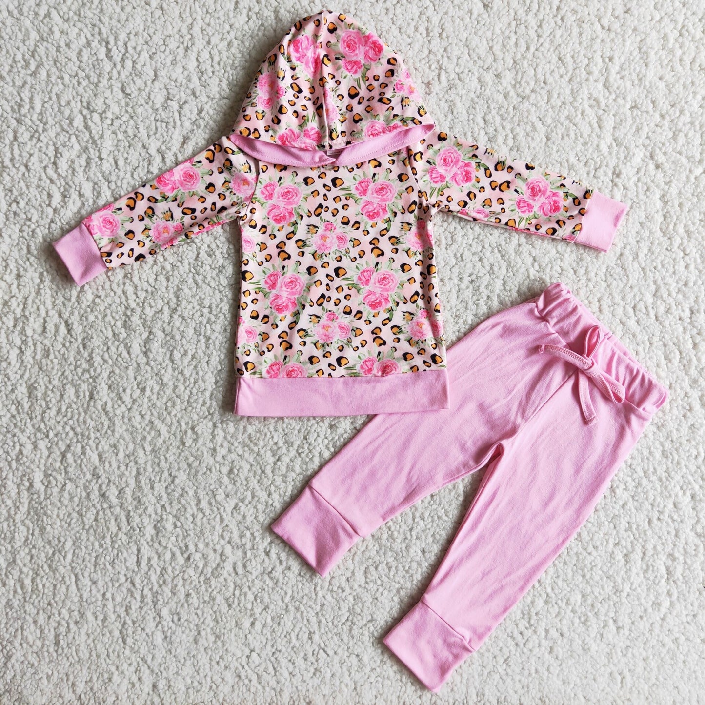 Girls Floral Leopard Outfits Long Sleeves Hoodies Pink Pants