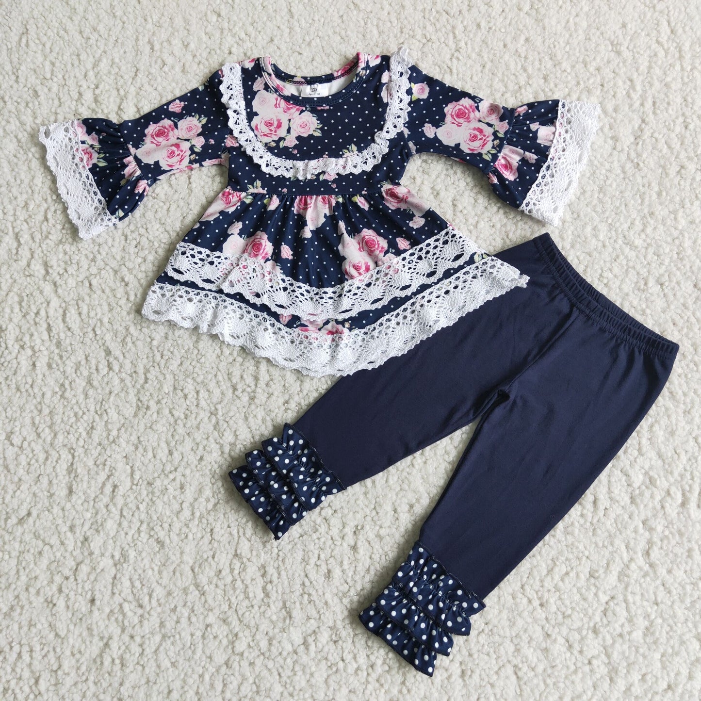 Girls Floral Lace Outfits Long Sleeves Navy Pants