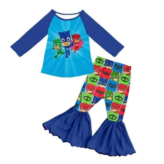 Girls Cartoon Outfits Long Sleeves Bell Bottom Blue