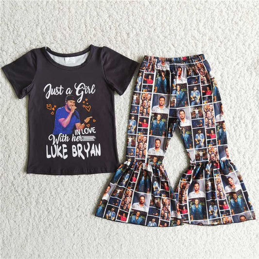 Girls Black Singer Outfits Short Sleeves Bell Bottom Pants