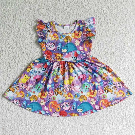 Girls Cartoon purple Dress Flutter Sleeves