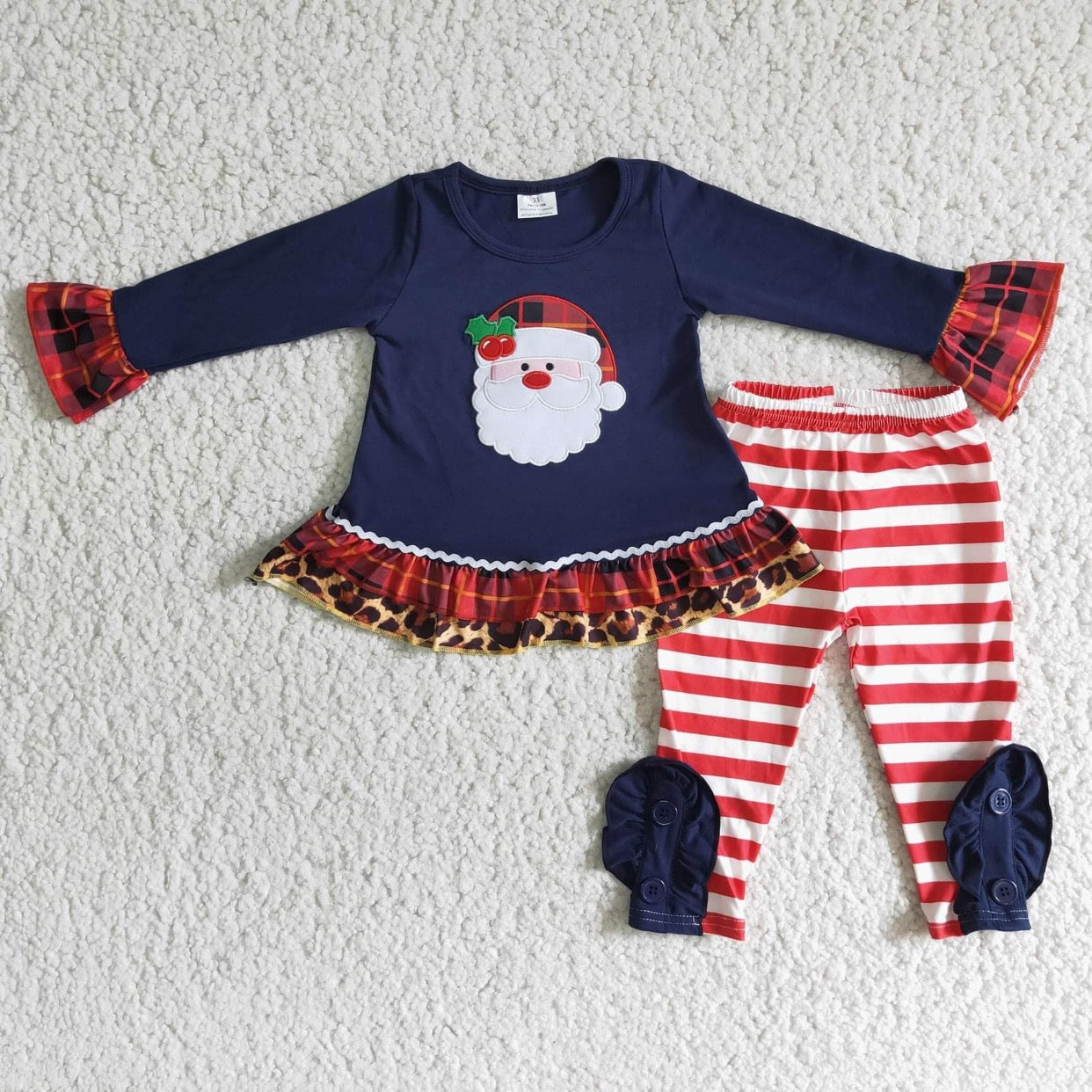 6 C7-2 Girls Embroidery Christmas Santa Outfits Long Sleeves Stripe Pants Navy