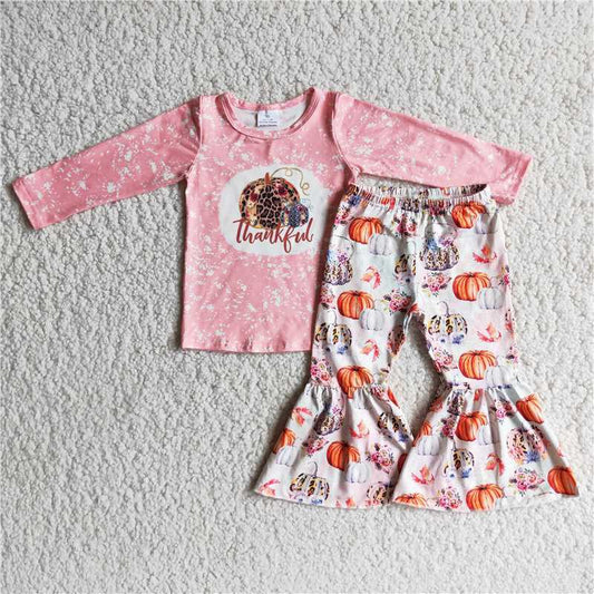 Girls Thankful Pumpkin Outfits Long Sleeves Pants Pink